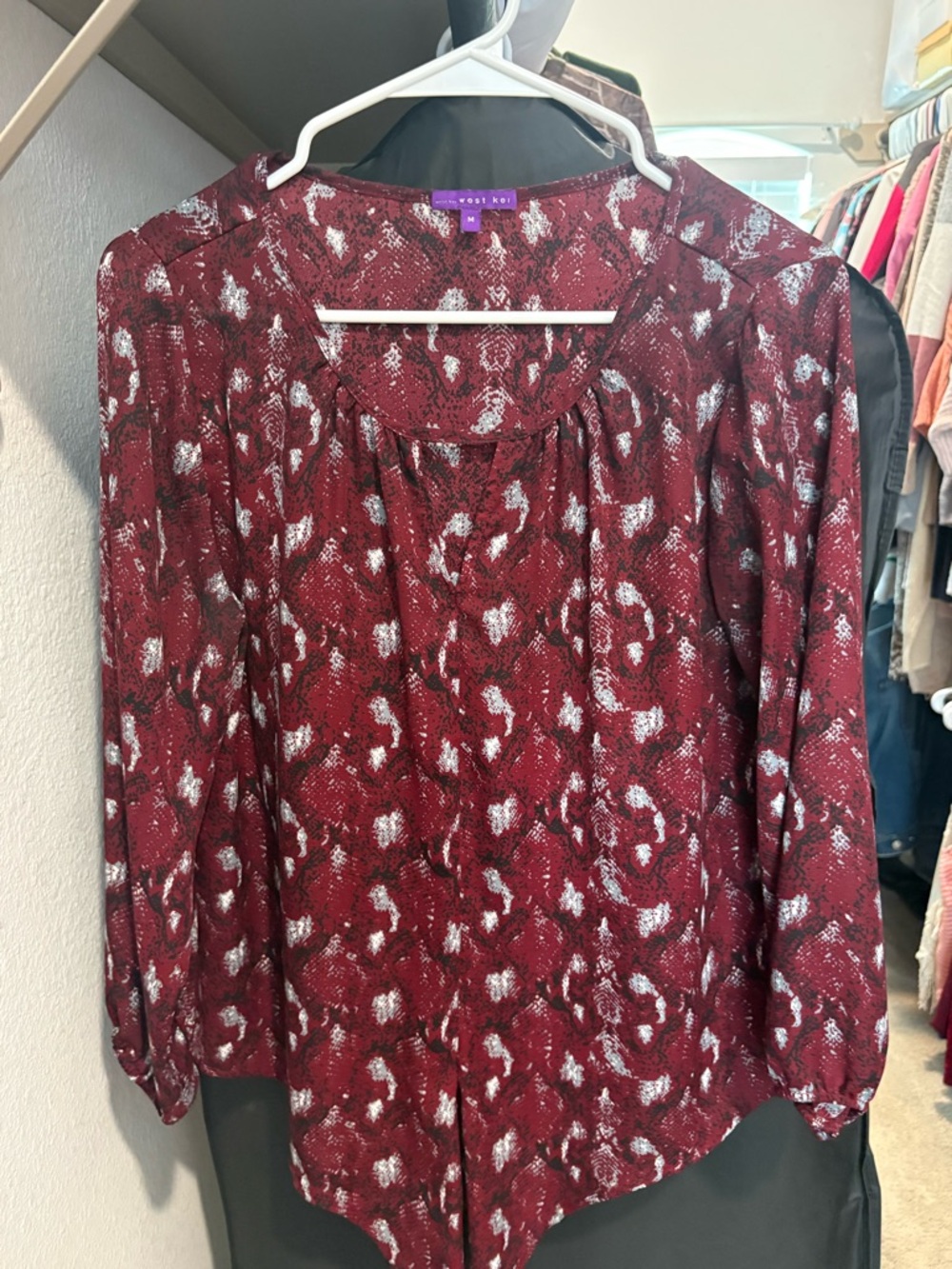 West Kei Burgundy and White Printed Long-Sleeve Blouse